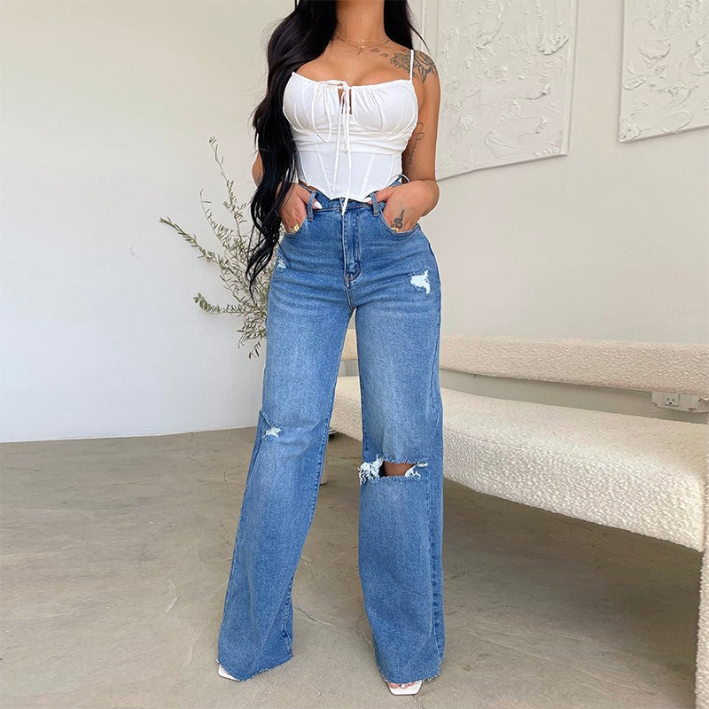 Women Pant Woman Ripped Jeans High Waist Denim Pants Wide Leg Denim Clothing Blue Jeans Vintage Casual Fashion Straight Trousers