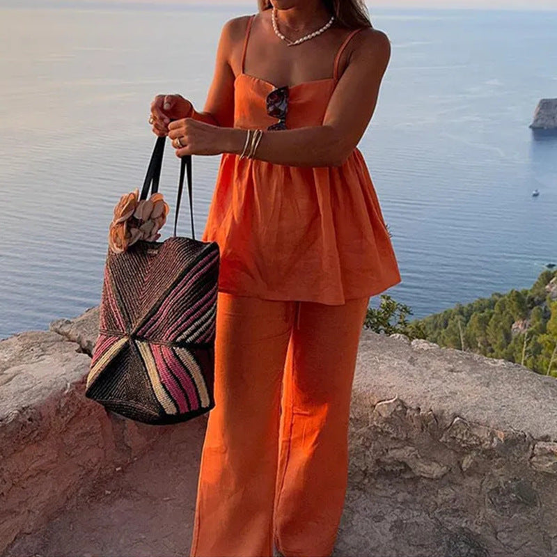 Strap solid color loose two-piece casual fashion set