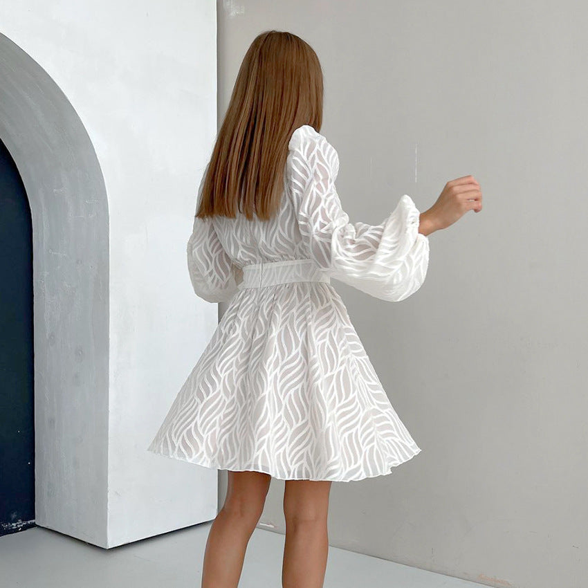 Jacquard waist cinched dress for women V-neck lantern sleeve A-line skirt