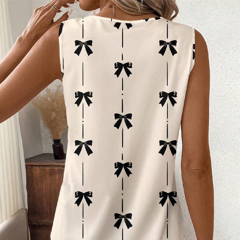 Sleeveless bow shirt V-neck shirt pullover