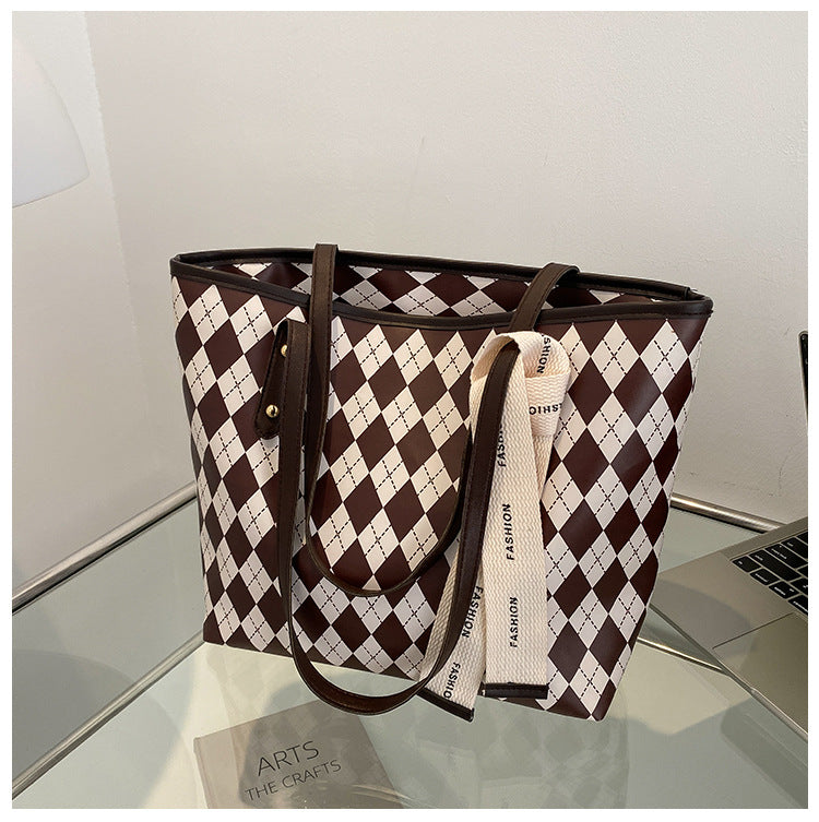 Summer Big Bag Women's New Retro Diamond Contrast Color Large Capacity Shoulder Bag All-Match Texture Tote Bag