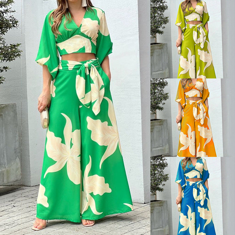 V-neck lantern sleeve short top high waist and wide leg pants